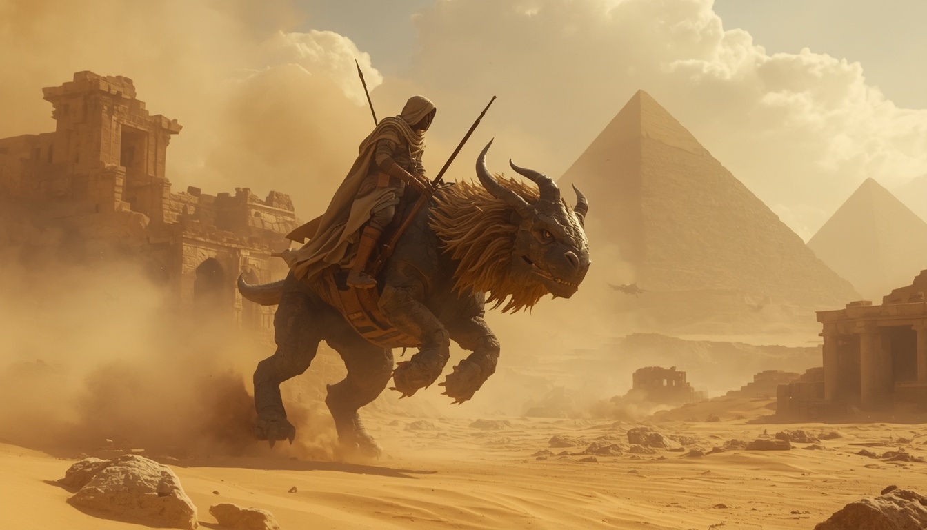 A lone rider crossing ruined desert structures, atmospheric reference art for The Hollowing