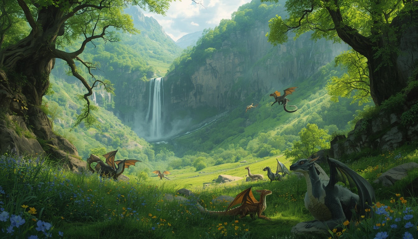 A hidden green valley where small dragons nest beneath cliffs and waterfalls, Sunder Vale concept art