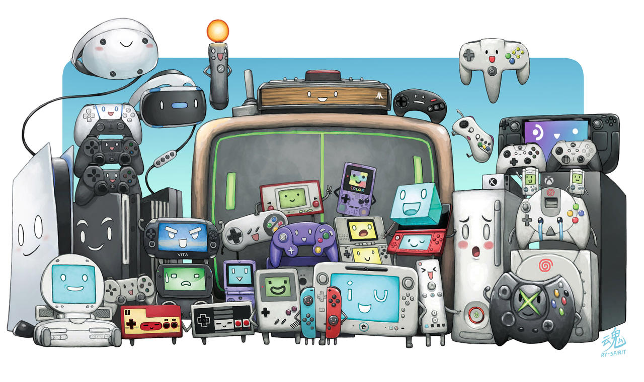 An illustrated crowd of friendly cartoon consoles, controllers and handhelds from across video game history