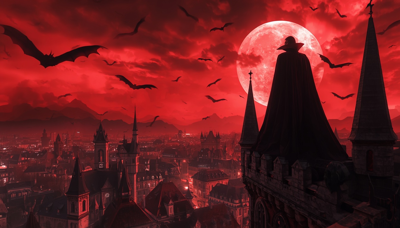 A towering crimson-lit citadel overlooking a fog-bound gothic city, used as Ravenous Static reference art