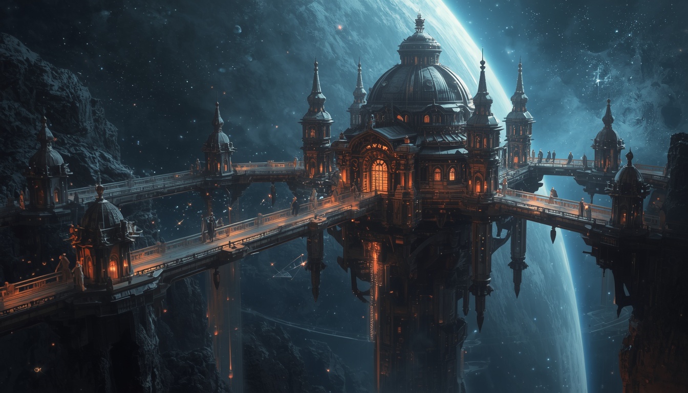 An ornate astral palace strung with luminous bridges above a megacity, the racing arena of Mag-Lev Saints