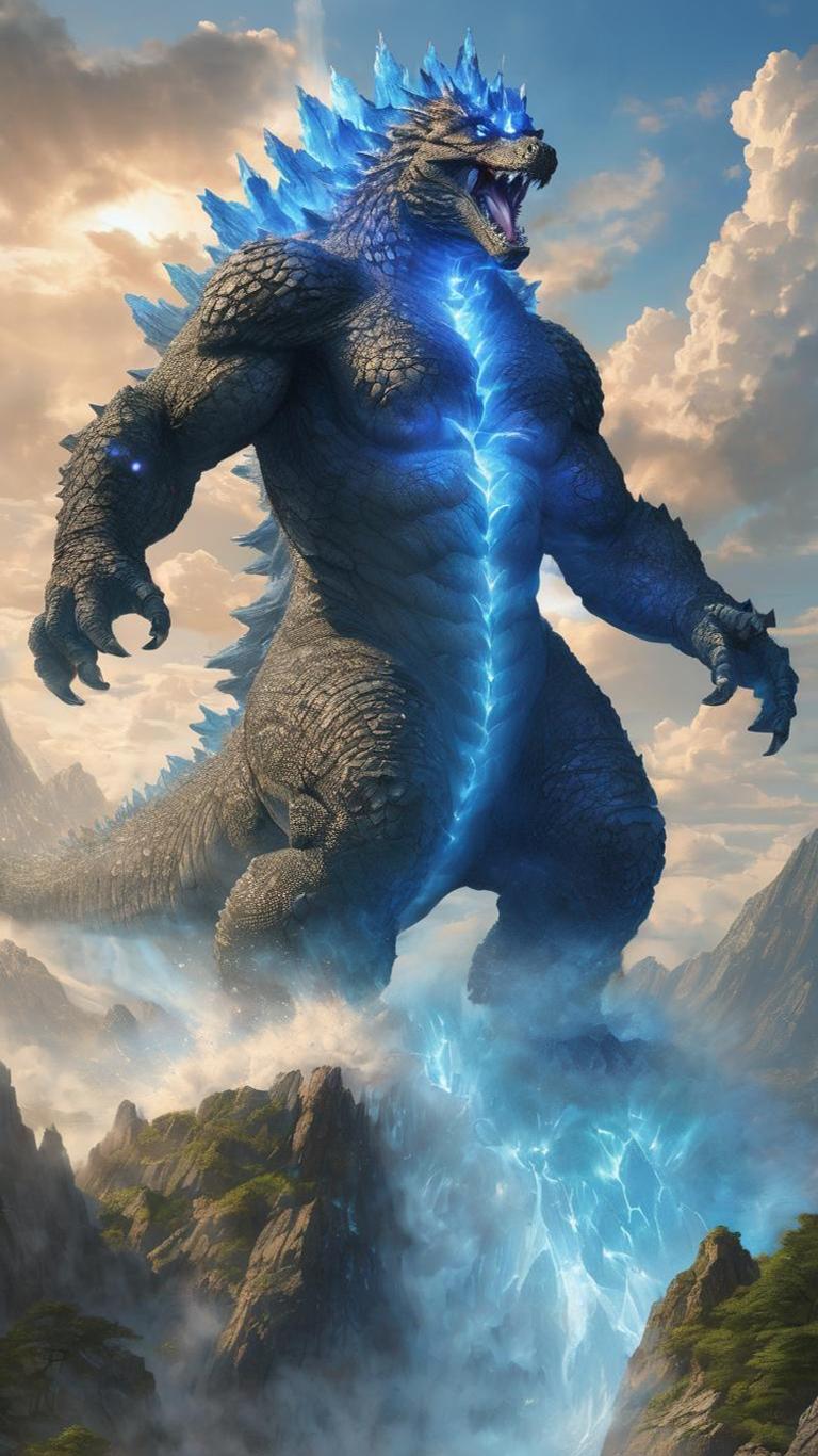 A glowing azure scaled colossus rising over a mountain range in a new video game reveal trailer