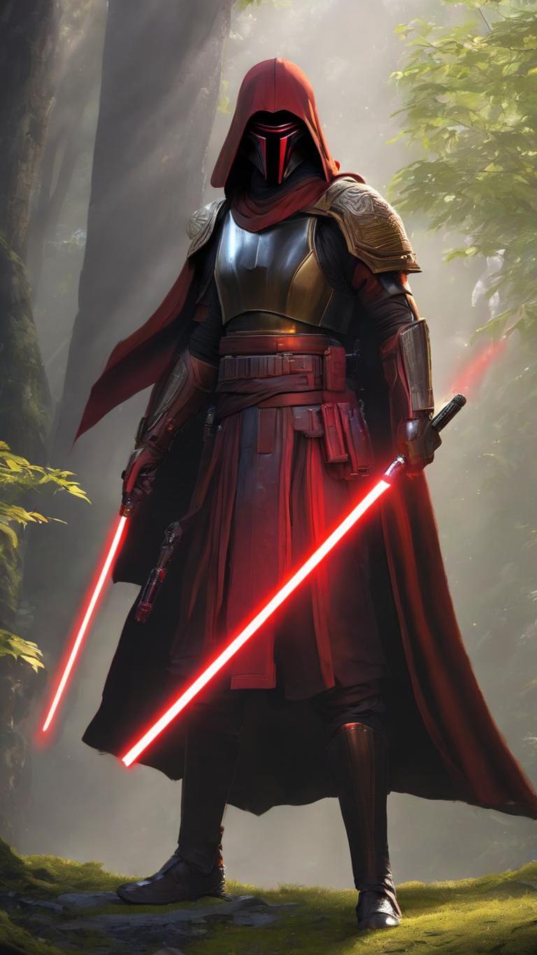 A red-cloaked masked warrior with a glowing blade in a sunlit forest in a video game