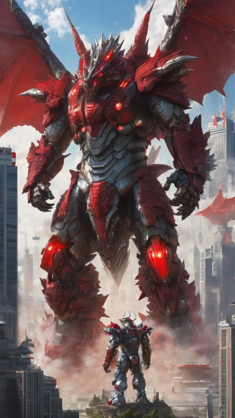 A red armoured mechanical titan towering over a city skyline in an upcoming video game
