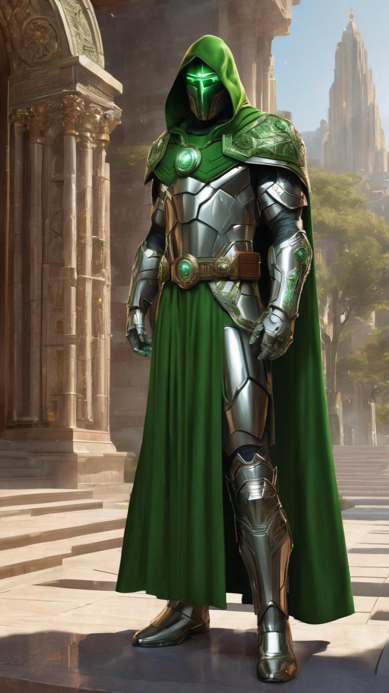 A green and silver armoured sentinel standing before grand stone architecture in a video game