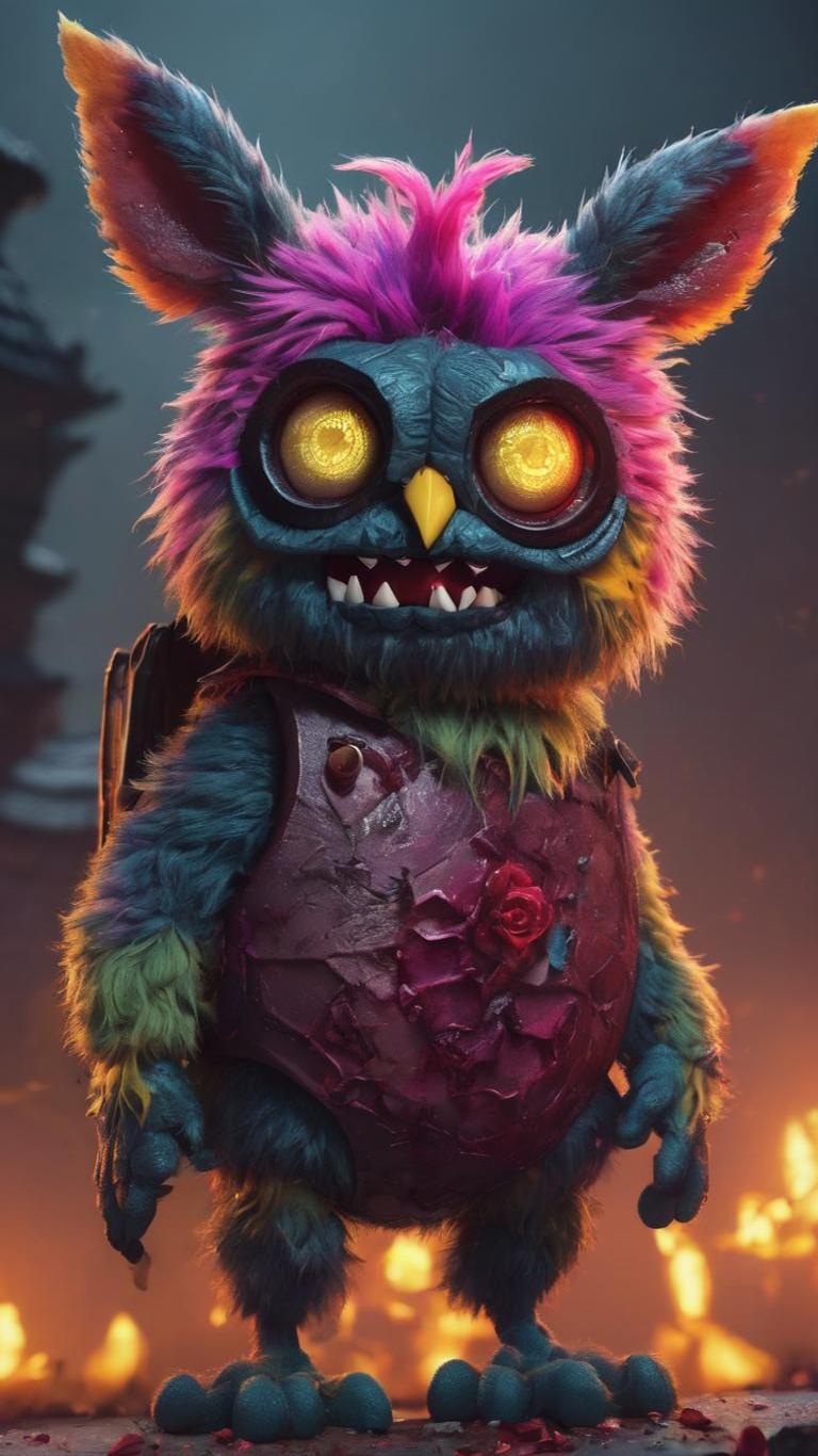 A ragged neon-furred cartoon mascot creature with glowing eyes from a satirical video game