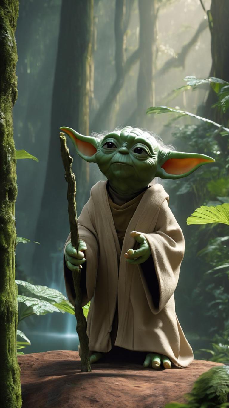A small green long-eared forest sage holding a staff in a misty woodland video game