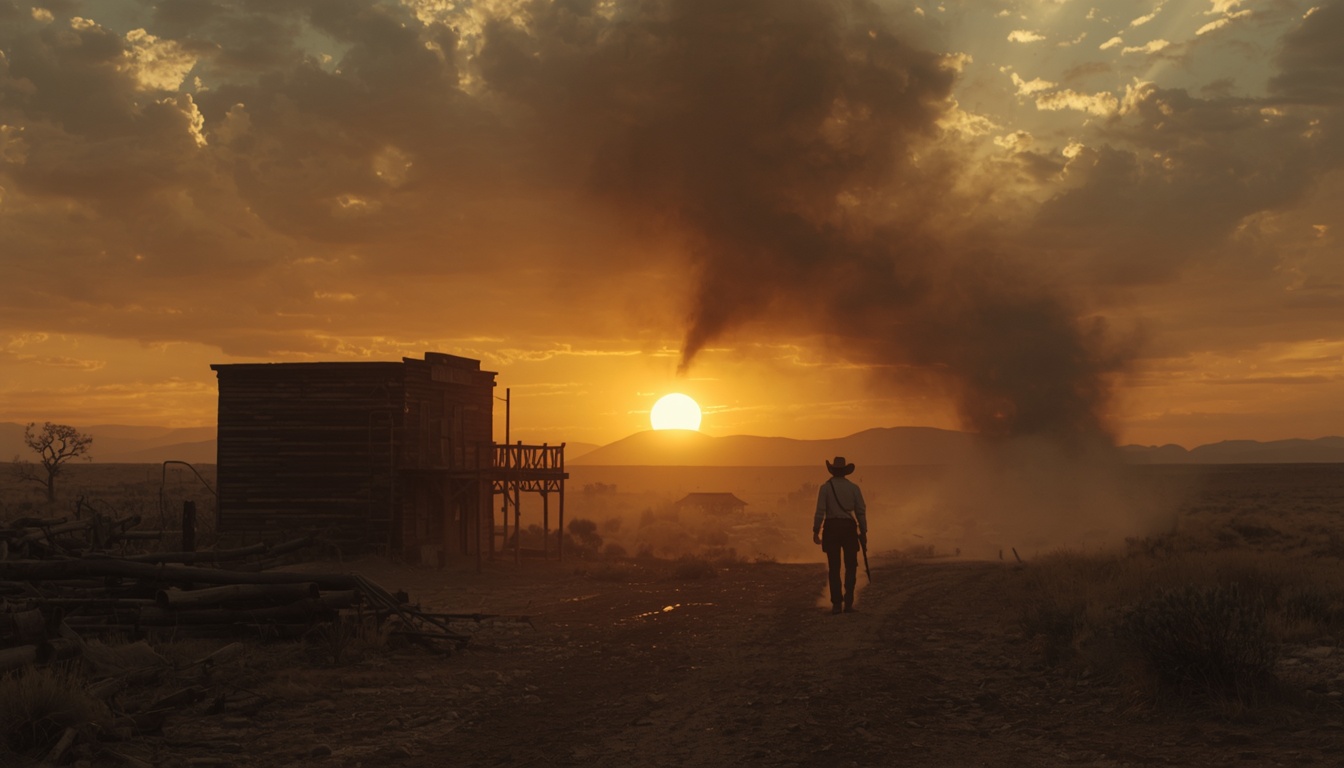 A lone gunslinger walking toward a sunset dust storm past an abandoned frontier town in a video game