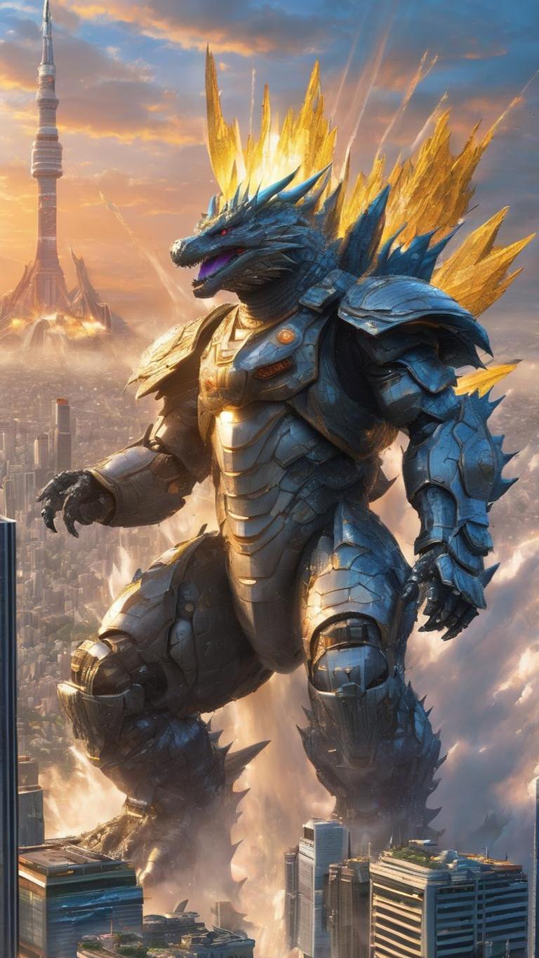 A gold and blue mechanical titan with radiant spines standing over a city in a video game