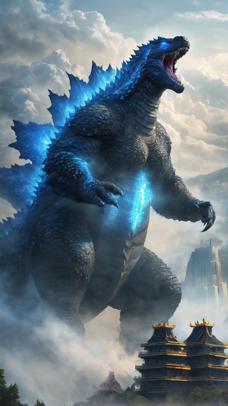 A blue bio-luminescent leviathan looming over a golden temple roof in a fantasy video game