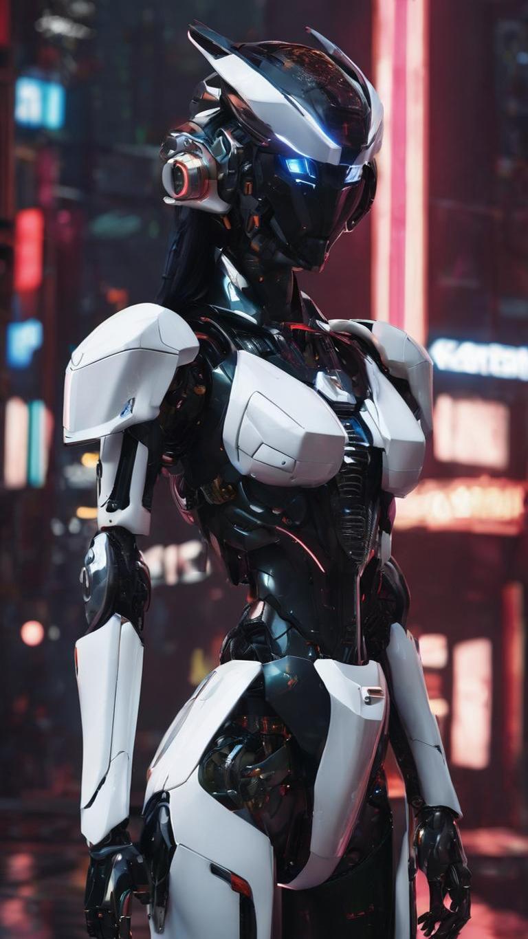 A sleek white humanoid automaton standing in a neon-lit cyberpunk street from a video game