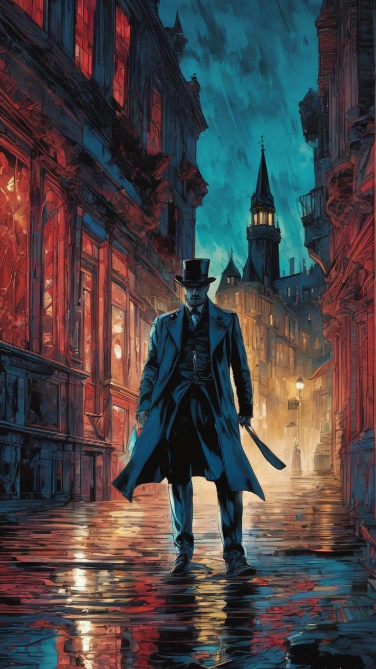 A coated detective walking a rain-soaked neon street in a noir video game