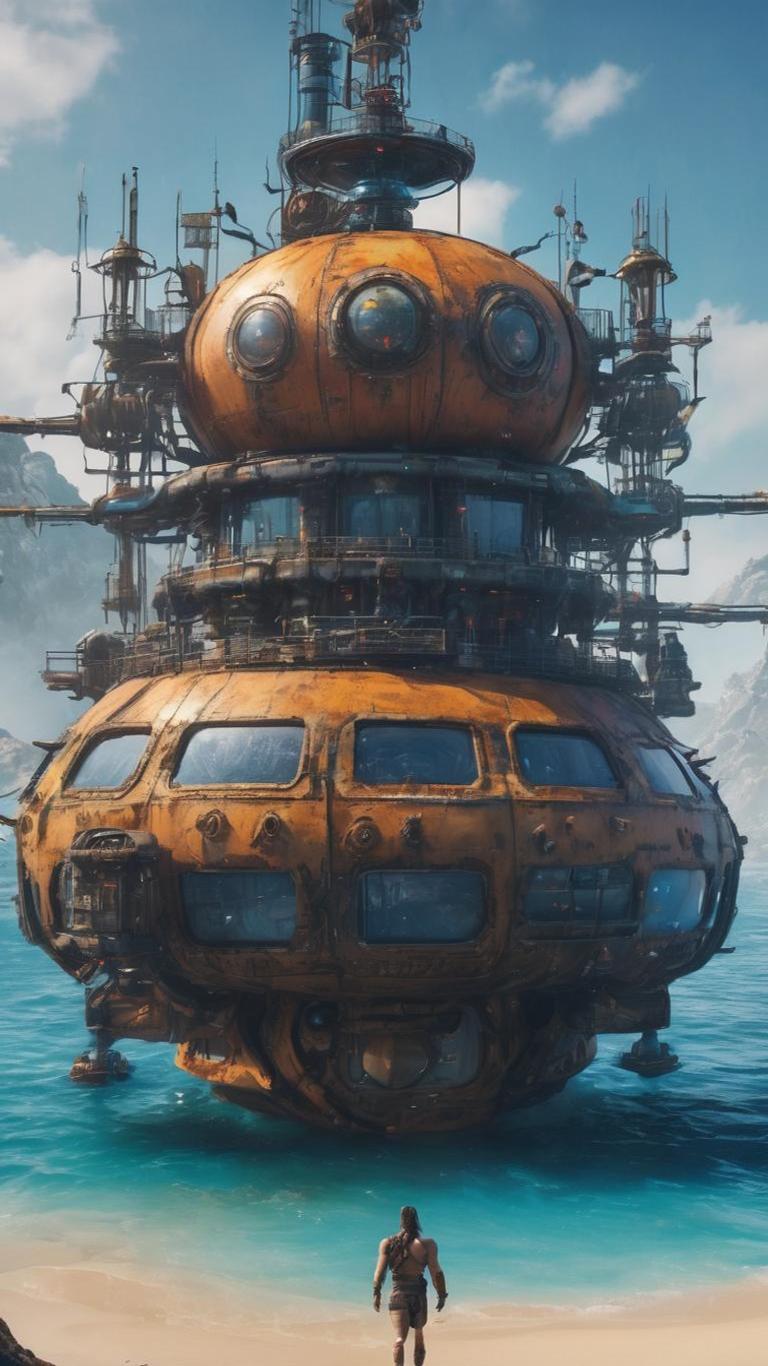 A rusted multi-tiered sea fortress vessel anchored in a turquoise bay in an exploration video game