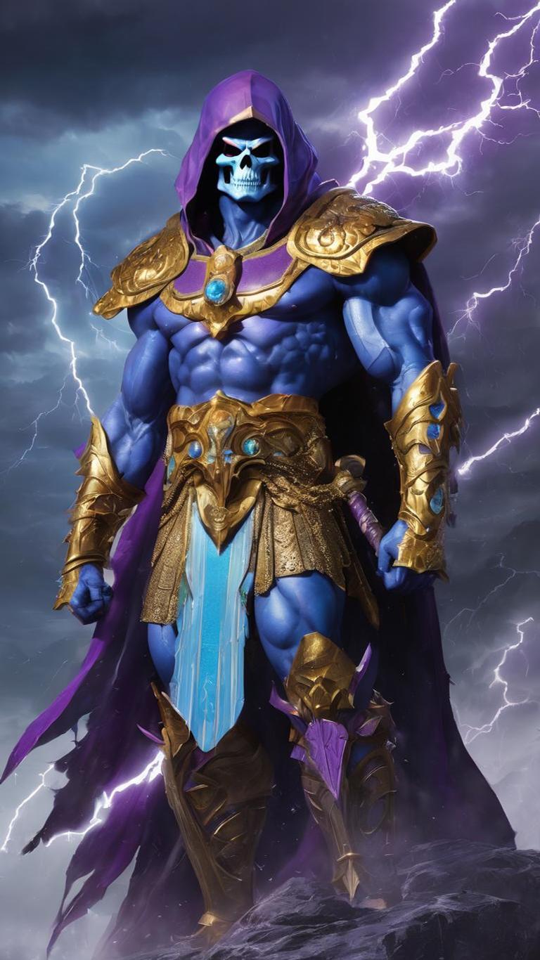 A skull-faced armoured warlord wreathed in lightning from a fantasy video game