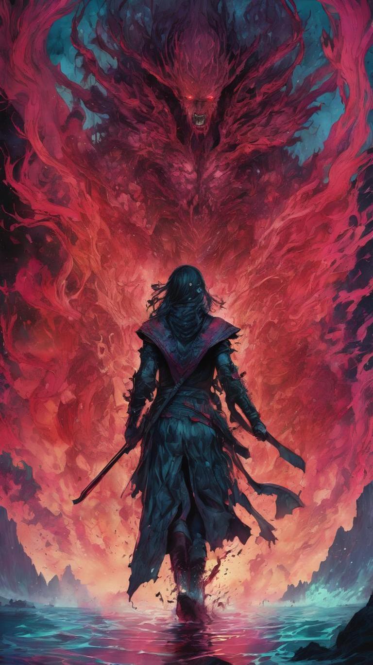 A dark armoured wanderer crossing water before a vast red fire-spirit in a video game