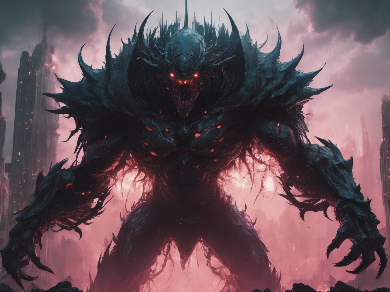 A spiny dark colossus glowing violet above a ruined skyline in a video game