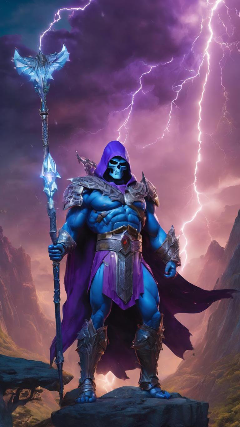 A hooded skull-faced sorcerer raising a crystal staff under violet lightning in a video game
