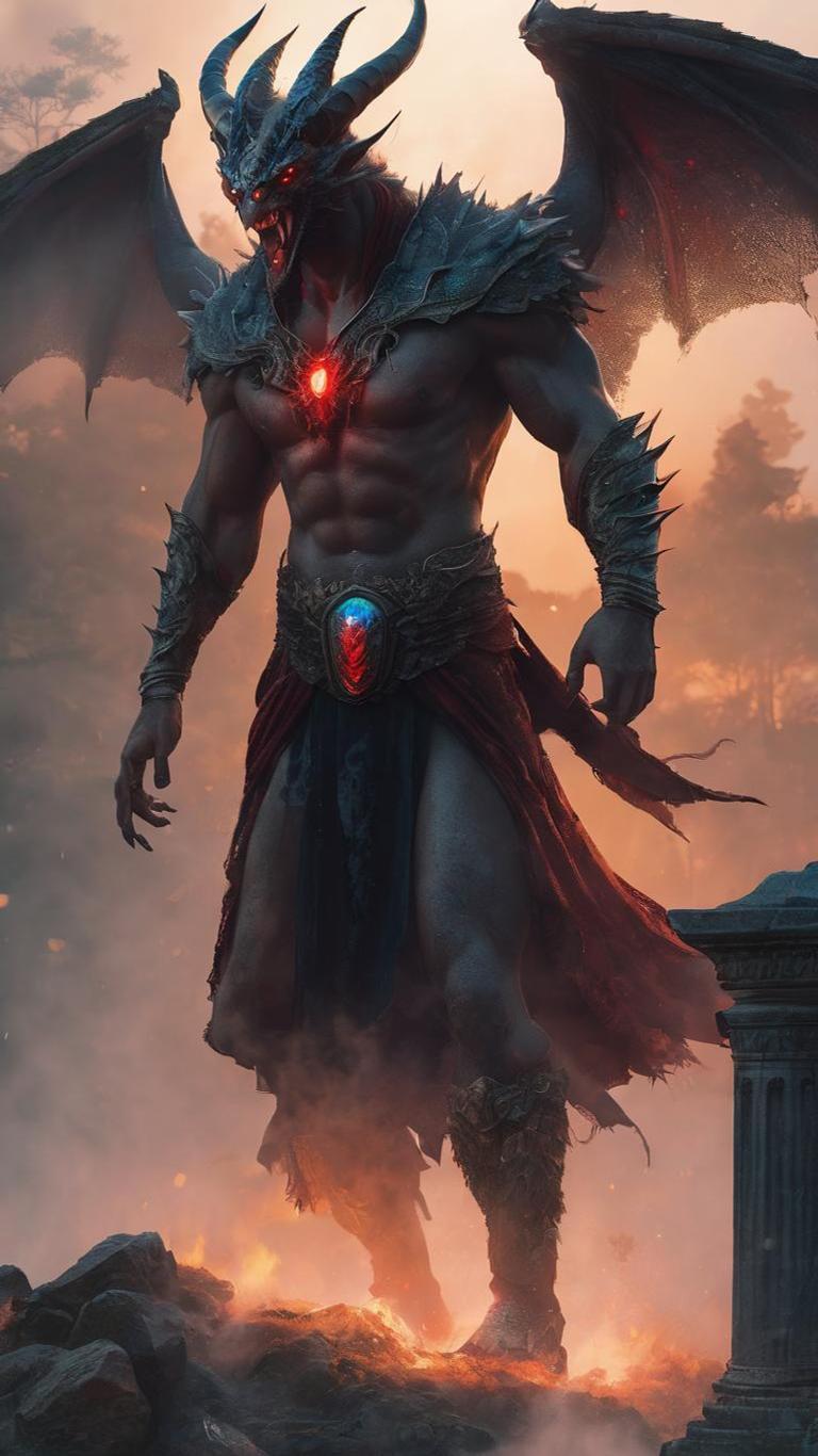 A horned winged colossus with a glowing core striding from a forest in a video game