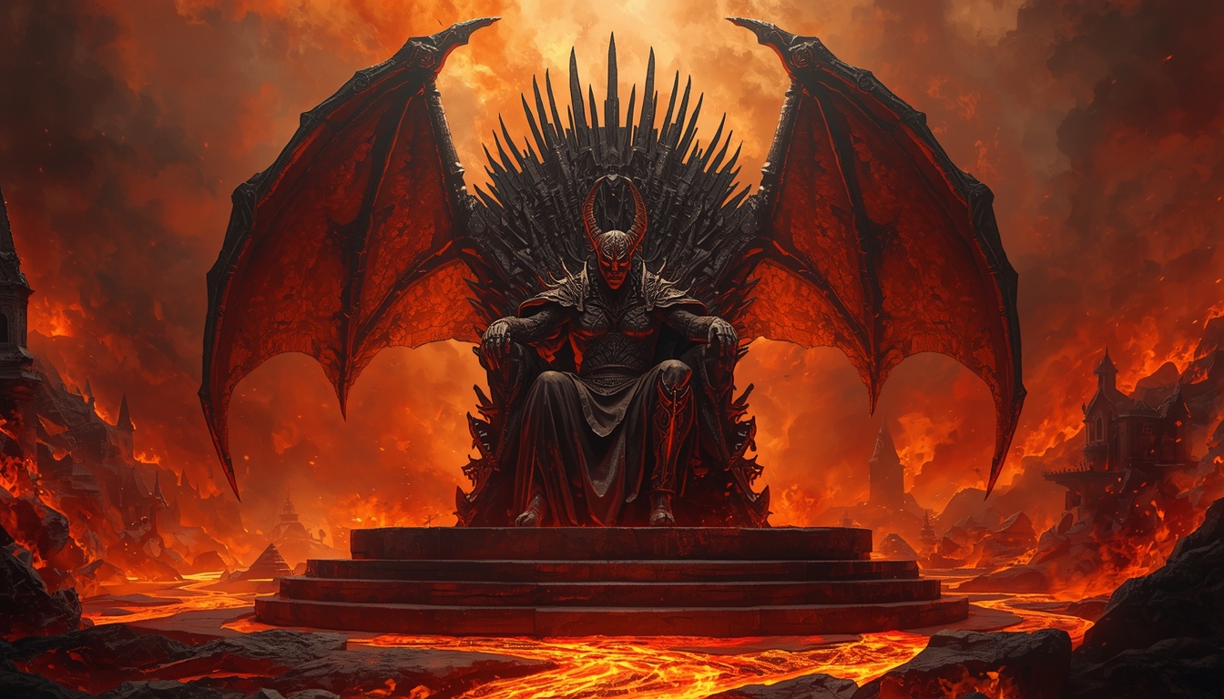 A crowned figure on an obsidian throne above rivers of lava, a rival empire ruler in Paper Tigers
