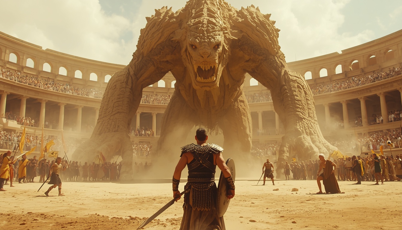 A lone fighter facing a colossal sand-beast in a packed ancient arena, the political theatre of Paper Tigers