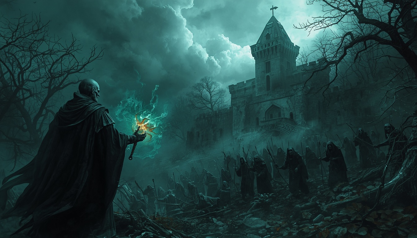 A robed figure raising shadow-troops before a ruined fortress under storm light in Ravenous Static