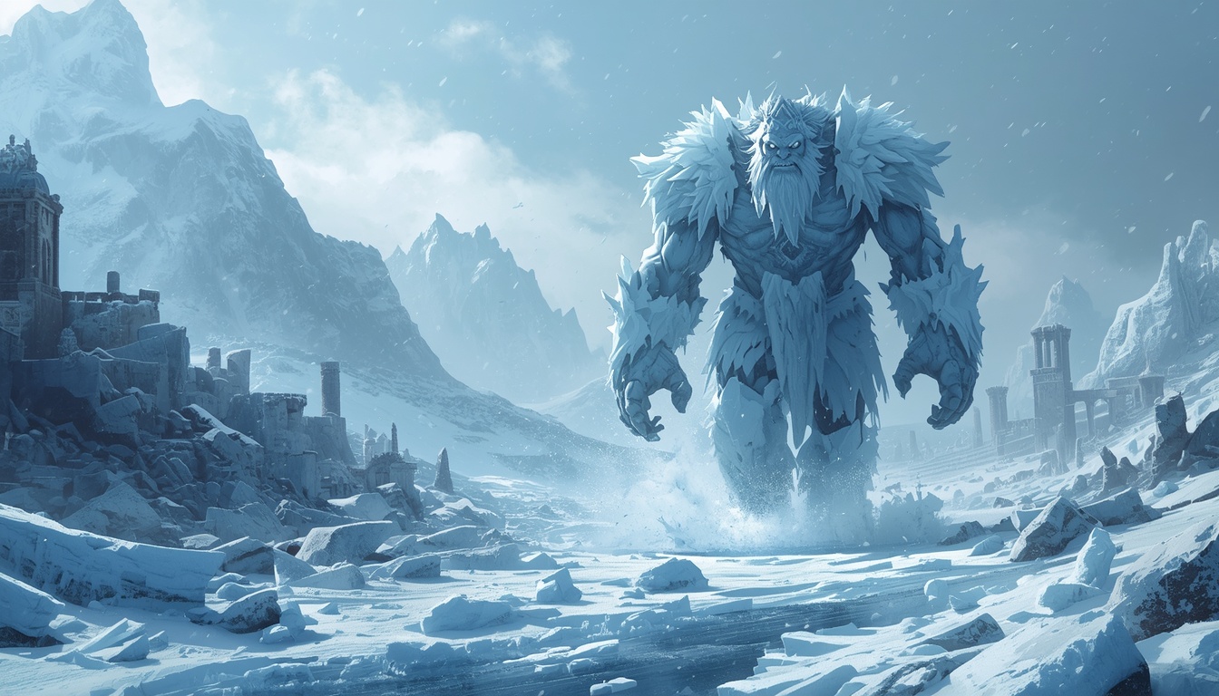 A colossal frost giant marching across a shattered, ruin-strewn wasteland in Sunder Vale