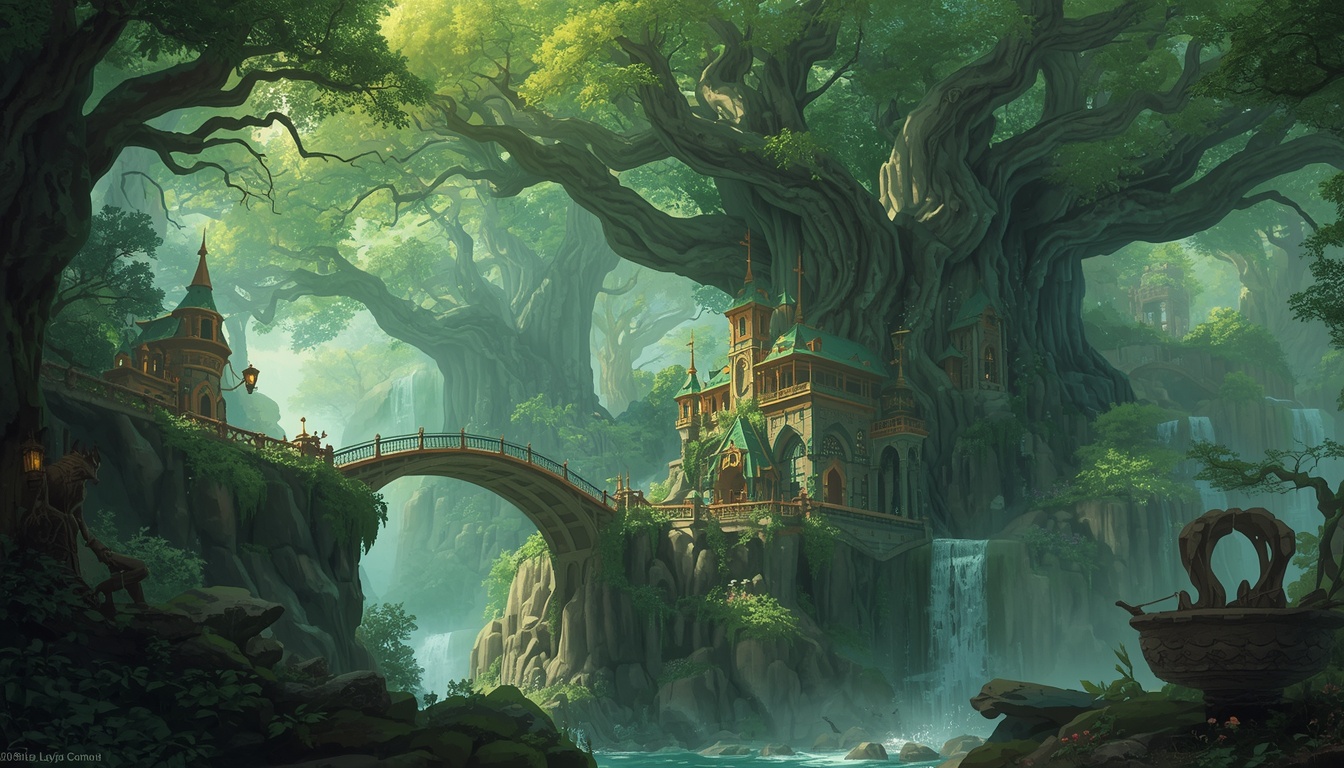 A luminous tree-canopy city of Tectonica spanning glowing bridges over a shifting continental rift