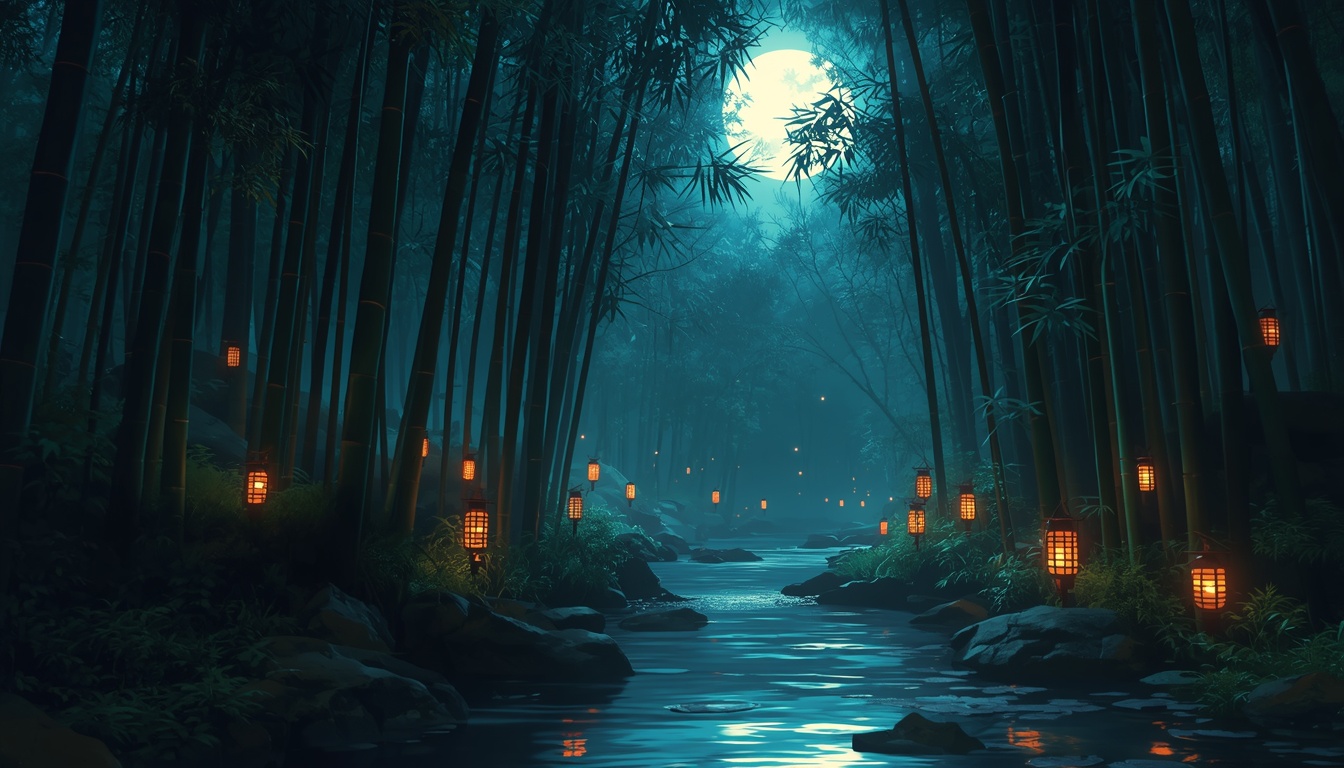 A moonlit lantern-lined forest river leading into the breathing caverns of The Hollowing