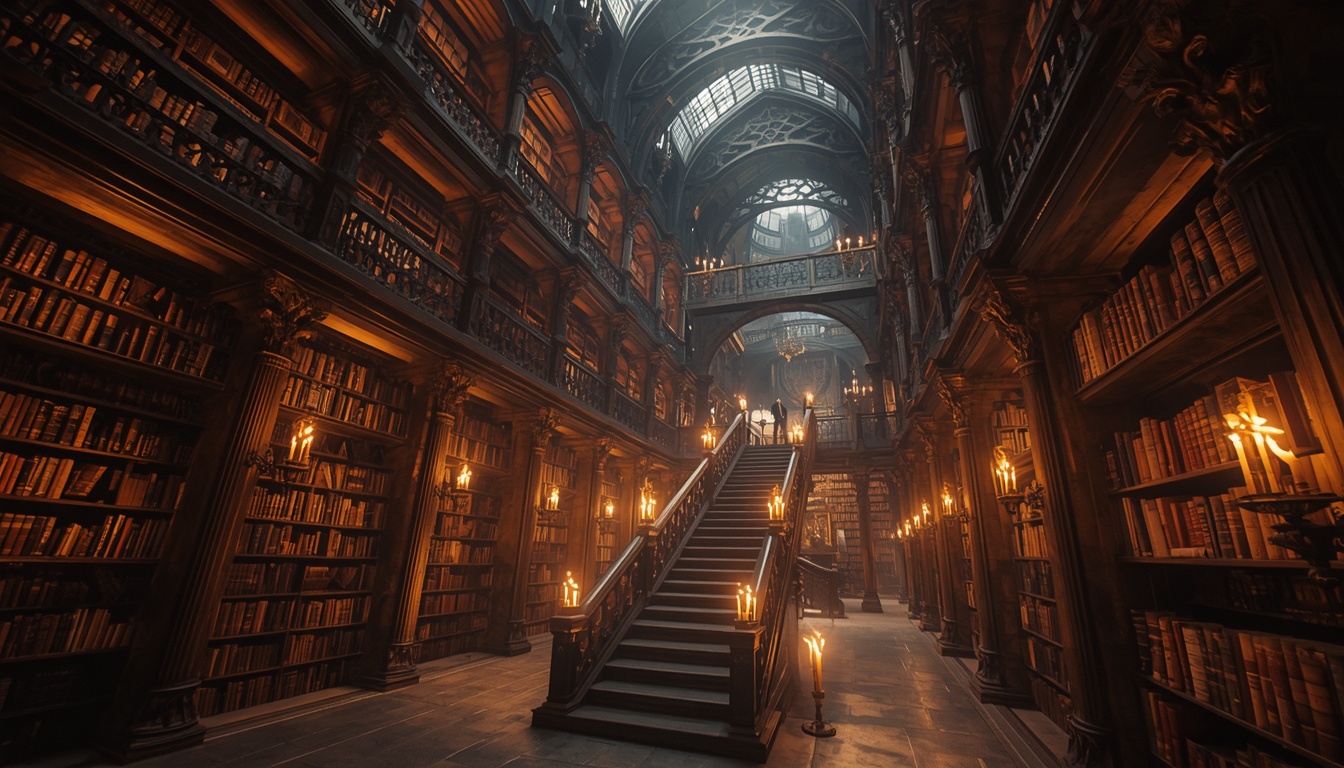 A vast candle-lit library of endless staircases serving as a Mag-Lev Saints hub interior